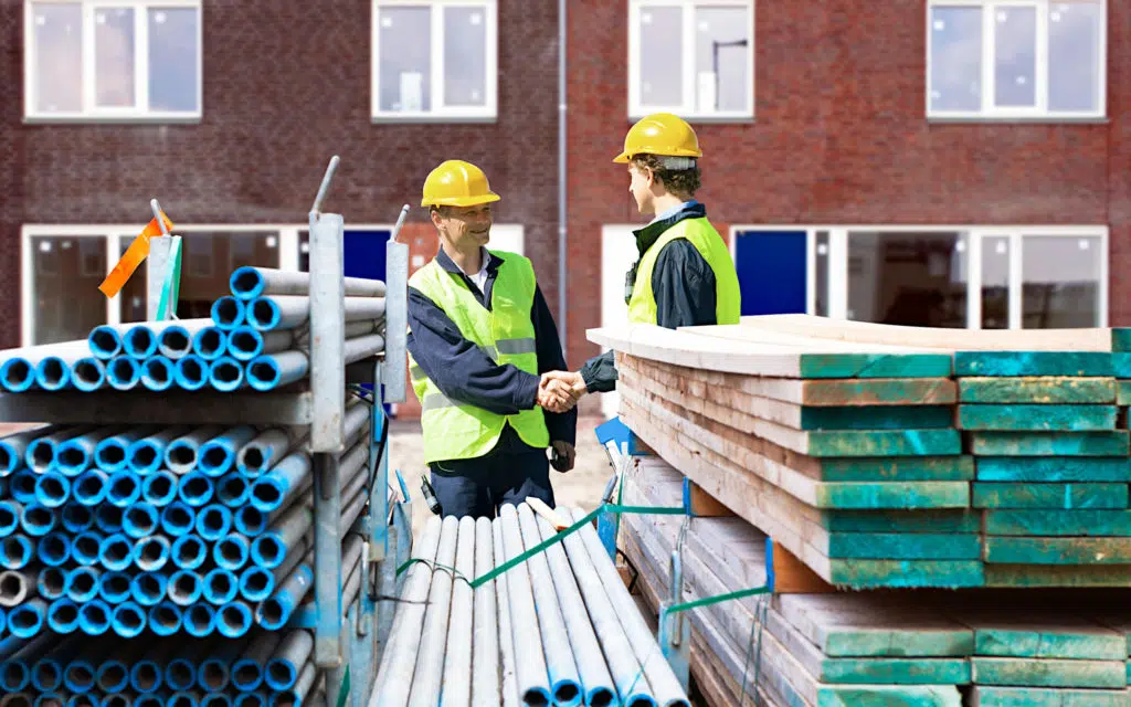 Scaffolding and shaking hands tiny